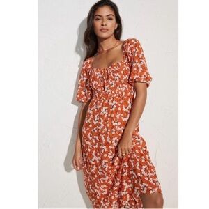 FAITHFULL | NWT Velika Smocked Midi Dress in Valencia Orange Floral, Size US 10